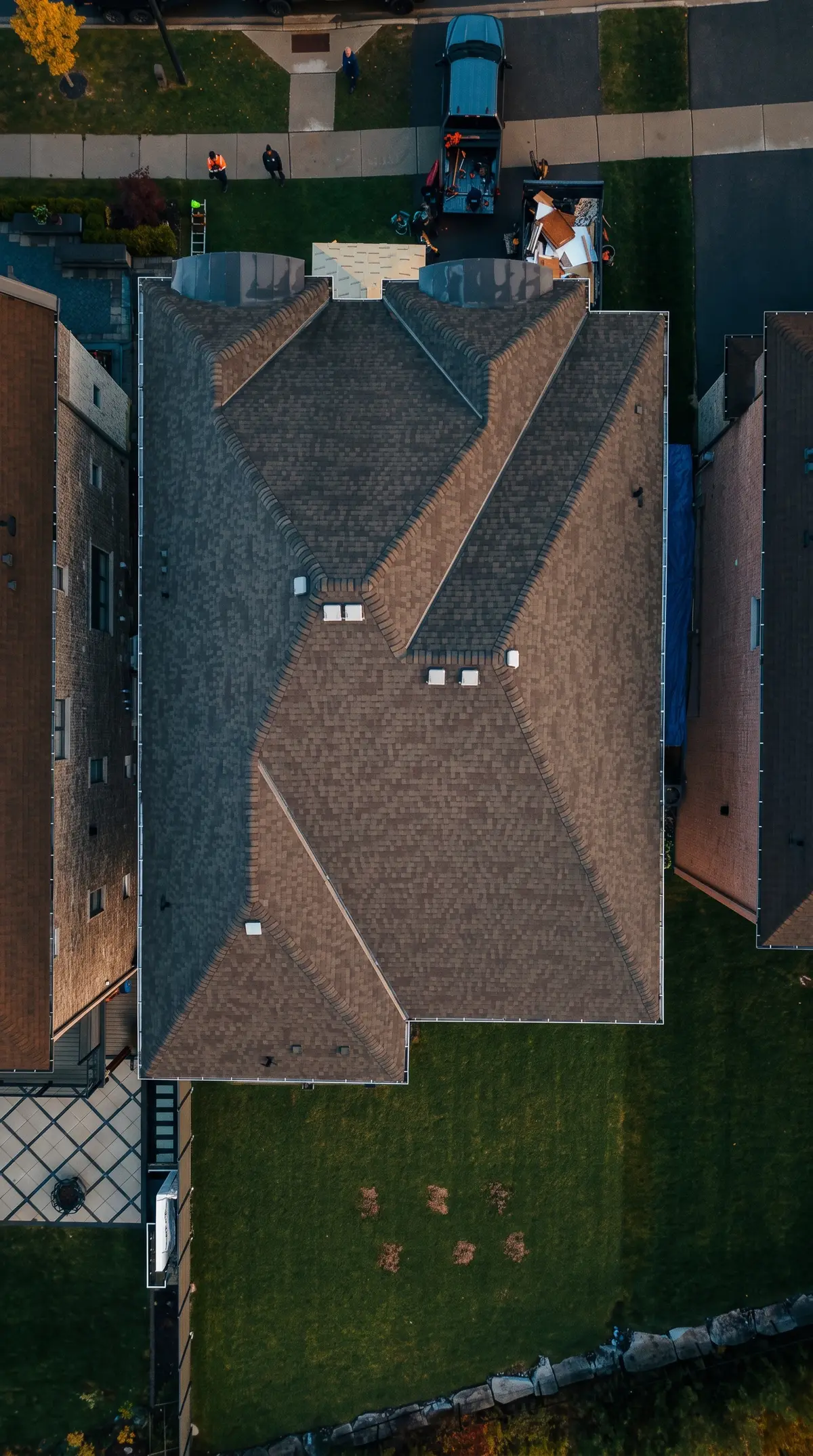 Before: the old brown shingle roof on the King City home, from straight above
