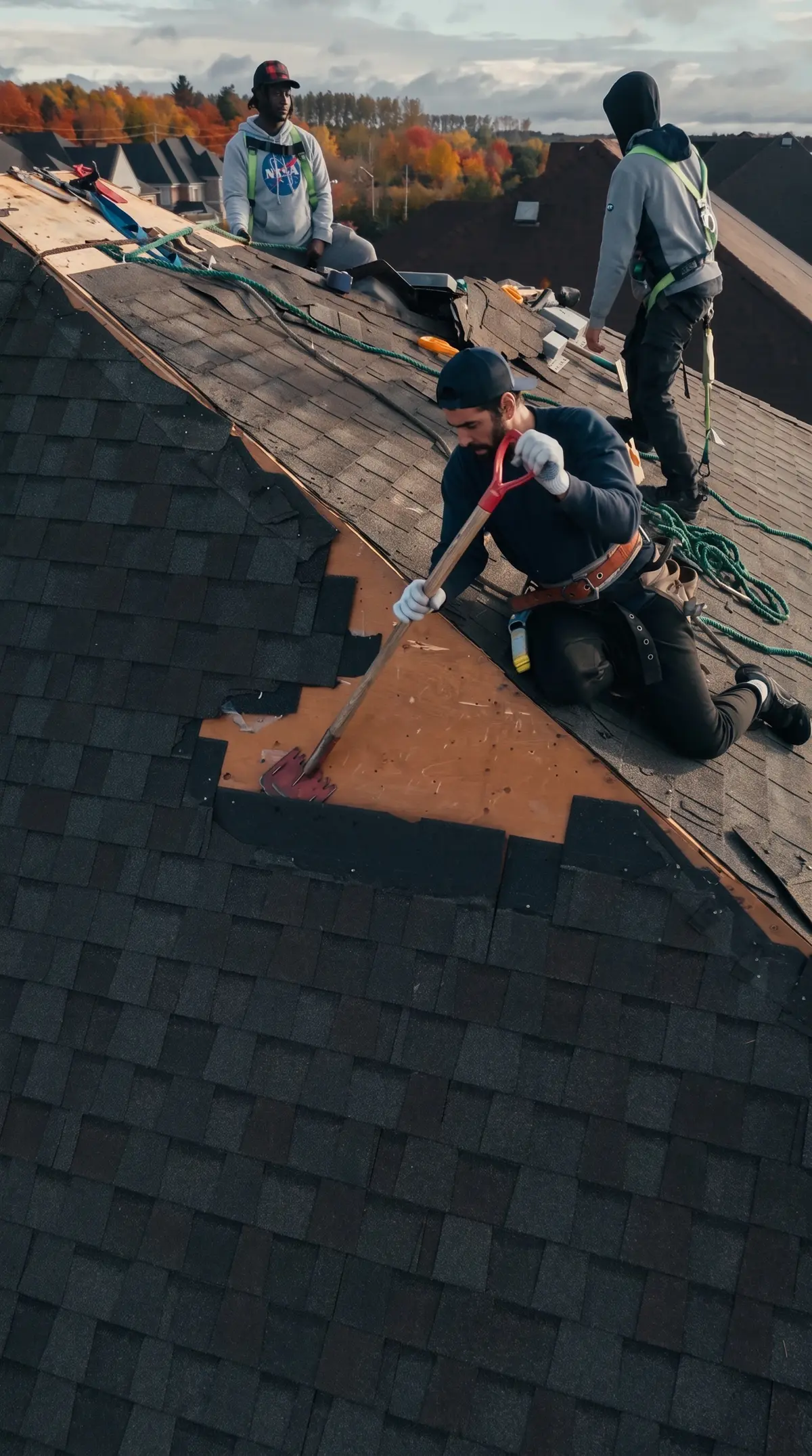 Eagle Roofing crew in harnesses stripping the old roof in King City