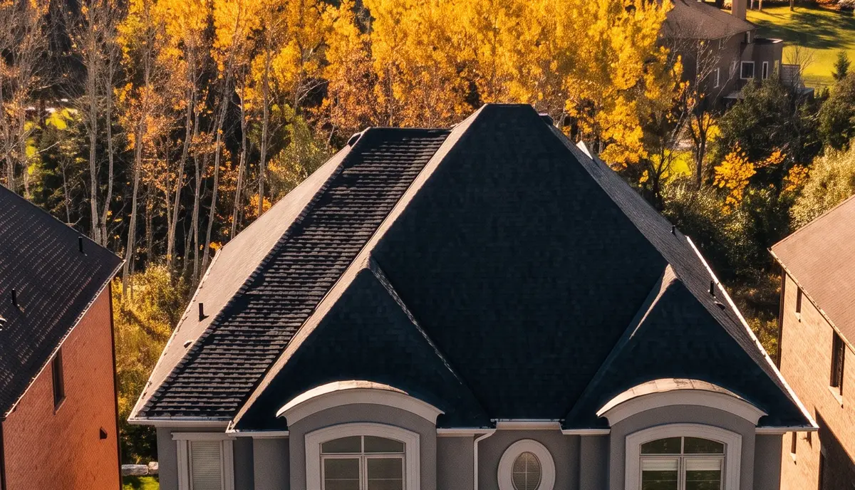 Aerial view of a King City home with its new dark shingle roof, fall trees behind